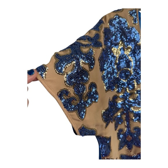 Tracy Reese Mixed Media Cap Sleeve Sequin Sheer Overlay Blue Tan Size M Neiman - Picture 6 of 14
